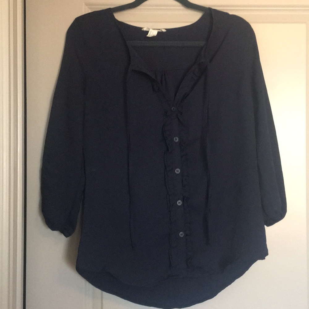 Navy blue button up blouse with tie neck